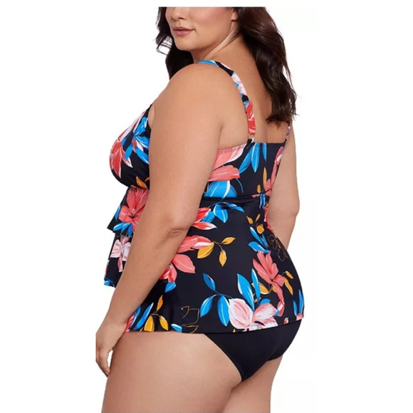 Swim Solutions Tiered Floral-Print One Piece Black Multicolor Plus Sz 16W 16163 - Picture 2 of 3